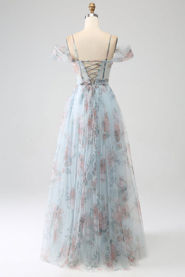 A-Line blu stampato spalla fredda lungo corsetto prom dress con fessura